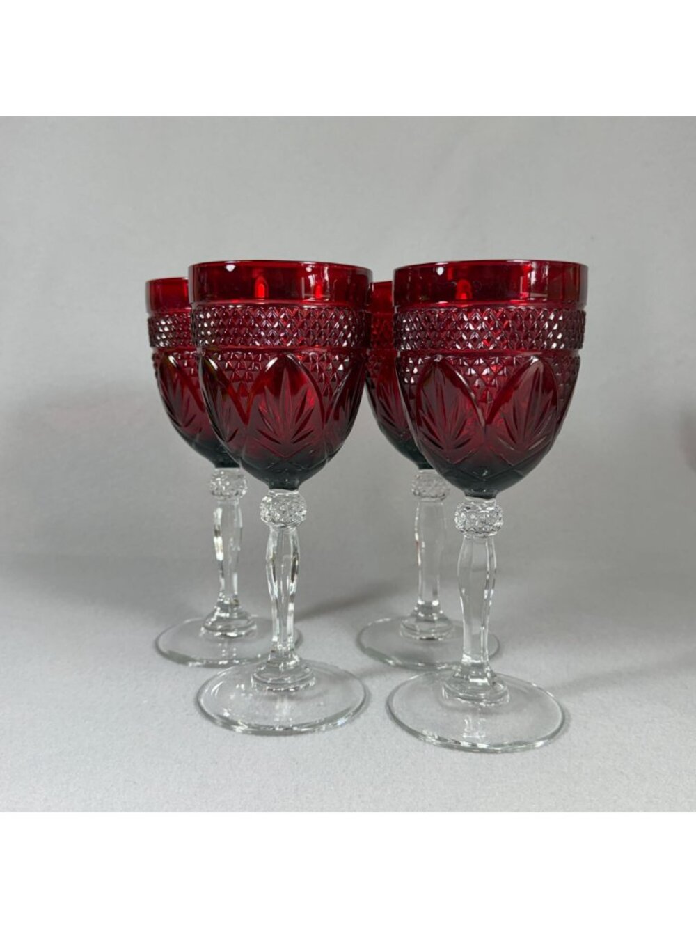 Vintage Ruby Cut to Clear Crystal Goblets Set of 4 Clear Stem Wine Glasses 8.25" - Picture 8 of 9